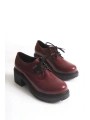 K-707 Bordo Kırışık Rugan Yüksek Tabanlı Bağcıklı  Loafer Ayakkabı