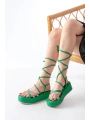 861-1010 Çimen Yeşili Gümüş Taşlı Bilekten Bağlamalı Kadın Sandalet