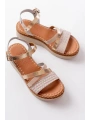 730-044 Bej Garni Ortopedik Örgü Desenli Hakiki Deri Dolgu Kadın Sandalet