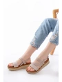 730-152 Bej Örgü Desenli Hakiki Deri Ortopedik Taban Kadın Sandalet