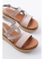730-152 Bej Örgü Desenli Hakiki Deri Ortopedik Taban Kadın Sandalet