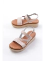 730-152 Bej Örgü Desenli Hakiki Deri Ortopedik Taban Kadın Sandalet