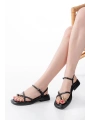 S-101 Siyah Parmak Arası Taş Detaylı Günlük Kadın Sandalet