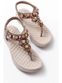 DM-609 Bej Taşlı Arka Lastikli Parmak Arası Kadın Sandalet