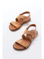 205-04 Bej Tek Bantlı Lastikli Hakiki Deri Ortopedik Taban Kadın Sandalet