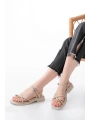 S-101 Bej Parmak Arası Taş Detaylı Günlük Kadın Sandalet