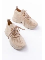 SP-2024 Bej Günlük Bağcıklı Fileli Taş Aksesuarlı Kadın Spor Ayakkabı