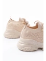 SP-2024 Bej Günlük Bağcıklı Fileli Taş Aksesuarlı Kadın Spor Ayakkabı