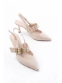 İNF-260 Bej Günlük Arkası Açık Baret Tokalı Topuklu Bayan Ayakkabı
