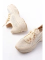 3002  Bej Bağcıklı Fileli Taş Aksesuarlı Günlük Spor Ayakkabı