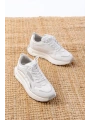 F-307 Beyaz Bağcıklı Saten Taş Aksesuarlı Günlük Spor Ayakkabı