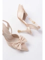 İNF-4505 Bej Saten Günlük Arkası Açık Kurdele detaylı Topuklu Bayan Ayakkabı