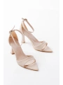 718 Bej Cilt Sivri Burunlu Topuklu Bilekten Bağlamalı Kadın Ayakkabı