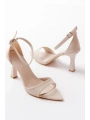 718 Bej Cilt Sivri Burunlu Topuklu Bilekten Bağlamalı Kadın Ayakkabı