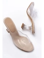 S-619 Bej Rugan Şeffaf Bantlı Şeffaf Topuklu Yuvarlak Burunlu Kadın Terlik