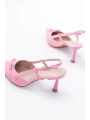 İNF-2300 Pembe Rugan Günlük Arkası Açık Fiyonklu Topuklu Bayan Ayakkabı