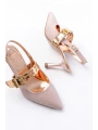 İNF-260 Rose Simli Günlük Arkası Açık Baret Tokalı Topuklu Bayan Ayakkabı