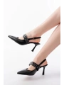 İNF-260 Siyah Günlük Arkası Açık Baret Tokalı Topuklu Bayan Ayakkabı