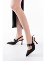 İNF-260 Siyah Simli Günlük Arkası Açık Baret Tokalı Topuklu Bayan Ayakkabı