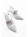 İNF-260 Gümüş Simli Günlük Arkası Açık Baret Tokalı Topuklu Bayan Ayakkabı
