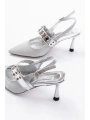 İNF-260 Gümüş Simli Günlük Arkası Açık Baret Tokalı Topuklu Bayan Ayakkabı