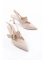İNF-260 Bej Günlük Arkası Açık Baret Tokalı Topuklu Bayan Ayakkabı