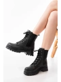 2051-298 Siyah Luna Düz Topuklu Bağcıklı Lastikli Günlük Kadın Bot