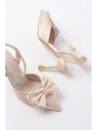 İNF-4505 Bej Saten Günlük Arkası Açık Kurdele detaylı Topuklu Bayan Ayakkabı