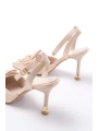 İNF-4505 Bej Saten Günlük Arkası Açık Kurdele detaylı Topuklu Bayan Ayakkabı