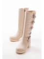 5109-3015 Bej Topuklu Fermuarlı Toka Aksesuarlı Günlük Kadın Çizme