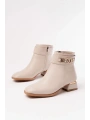 RM-502 Bej Toka Aksesuarlı Topuklu Fermuarlı Günlük Kadın Bot