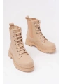 2051-298 Bej Düz Topuklu Bağcıklı Lastikli Günlük Kadın Bot