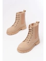 2051-298 Bej Düz Topuklu Bağcıklı Lastikli Günlük Kadın Bot