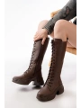 FZ-2450 Kahverengi Yüksek Tabanlı Bağcıklı Fermuarlı Günlük Kadın Çizme