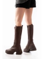 FZ-2450 Kahverengi Yüksek Tabanlı Bağcıklı Fermuarlı Günlük Kadın Çizme