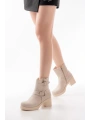 5109-3042 Bej Toka Aksesuarlı Fermuarlı Kalın Topuklu Günlük Kadın Bot
