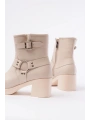 5109-3042 Bej Toka Aksesuarlı Fermuarlı Kalın Topuklu Günlük Kadın Bot