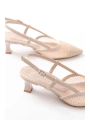 K-607 Bej Günlük Fileli Arkası Açık 7 cm Topuklu Bayan Ayakkabı