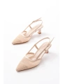 K-607 Bej Günlük Fileli Arkası Açık 7 cm Topuklu Bayan Ayakkabı