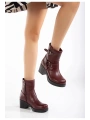 5109-3042 Bordo Toka Aksesuarlı Fermuarlı Kalın Topuklu Günlük Kadın Bot
