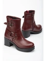 5109-3042 Bordo Toka Aksesuarlı Fermuarlı Kalın Topuklu Günlük Kadın Bot