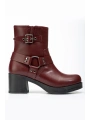 5109-3042 Bordo Toka Aksesuarlı Fermuarlı Kalın Topuklu Günlük Kadın Bot