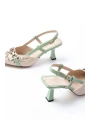 K-250 Fıstık Yeşili Keten Günlük Arkası Açık Tokalı Topuklu Kadın Ayakkabı