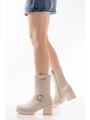 5109-3043 Bej Toka Aksesuarlı Fermuarlı Kalın Topuklu Günlük Kadın Bot