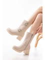 5109-3043 Bej Toka Aksesuarlı Fermuarlı Kalın Topuklu Günlük Kadın Bot