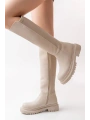 812-305 Bej Arkası Streç Fermuarlı Günlük Kadın Çizme