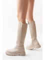 812-305 Bej Arkası Streç Fermuarlı Günlük Kadın Çizme