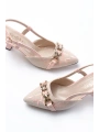 K-250 Pudra Keten Günlük Arkası Açık Tokalı Topuklu Kadın Ayakkabı