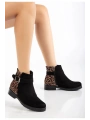165-204/1 Siyah Süete Leopar Toka Aksesuarlı Fermuarlı Günlük Kadın Bot