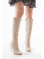 LS-226 Bej Süet Fermuarlı Lastikli İnce Yüksek Topuklu Kadın Çizme